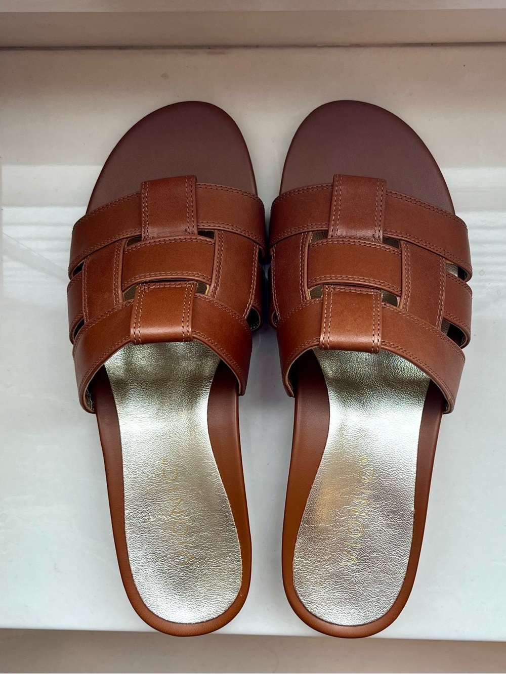 Vionic Glendora Tan Leather Slides NIB - Picture 3 of 7